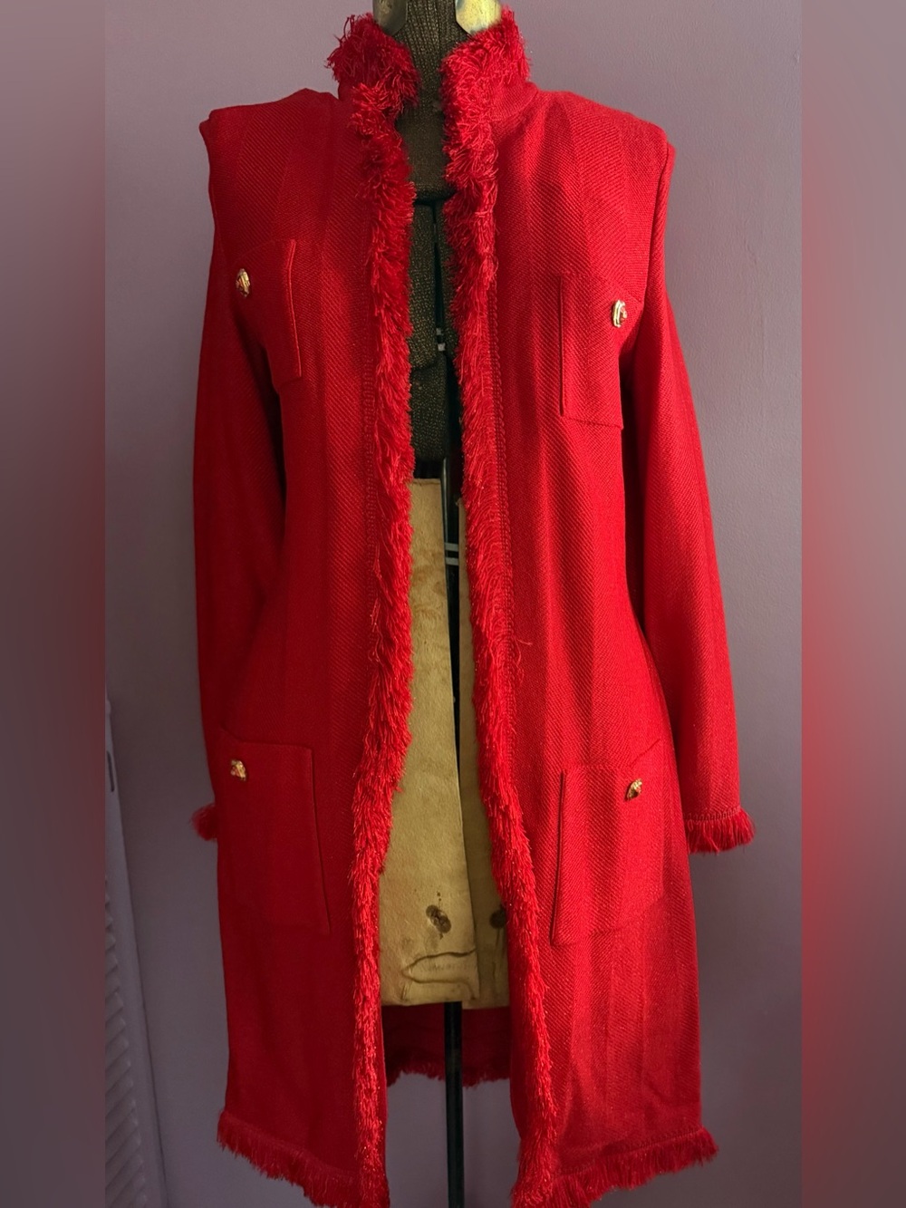 St. John Collection Santana Knit Red Metallic Fringe Long Jacket Size 8